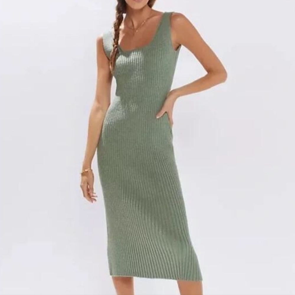 Sleeveless Ribbed Midi Dress in Sage Green